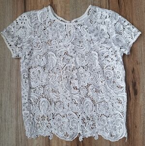 Womens Lace Blouse Top Sheer Overlay Size Small Keyhole Neck White Boho